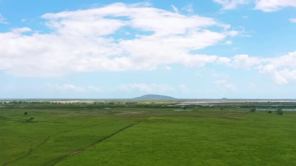 Video Drohnenaufnahmen Einer Wunderschönen Grünen Landschaft Die Sich Tagsüber Weit — Stockvideo
