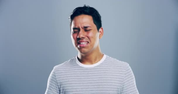 Video Footage Young Man Crying Grey Background — Wideo stockowe