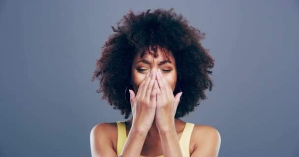 Video Footage Young Woman Crying Grey Background — Αρχείο Βίντεο