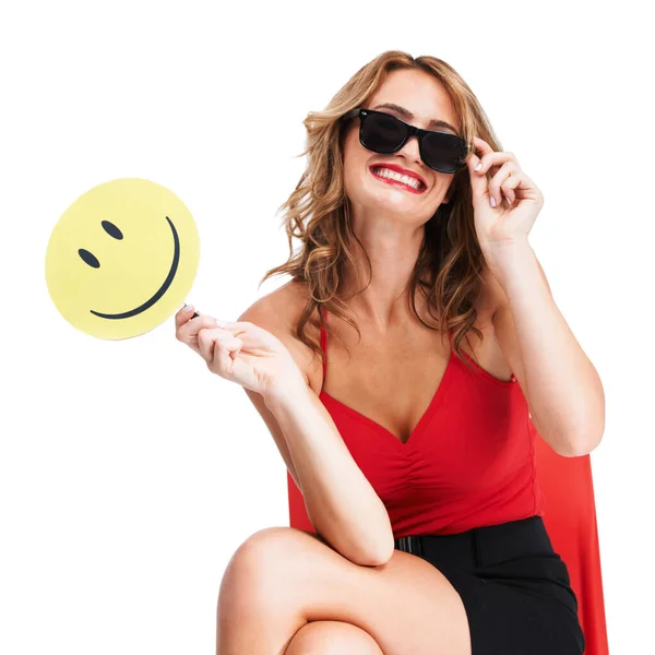 Charismatic Young Woman Wearing Glasses Holding Paddle Smiley Face — Fotografia de Stock