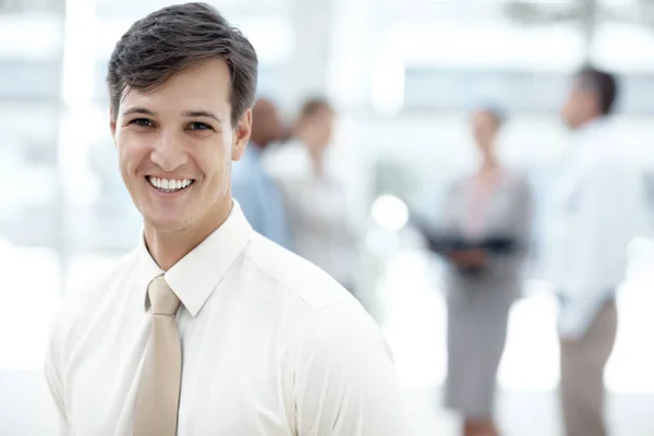 Businessman Standing Office Lobby Colleagues Background — Photo