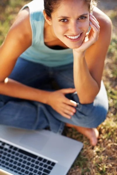 High Angle View Cute Young Girl Sitting Outdoors Laptop — Stock Photo, Image