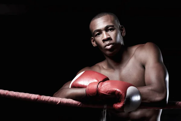 Portrait Strong Well Built Boxer Poses Gloves — Stock Photo, Image