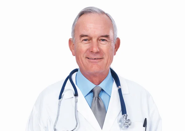 Portrait Confident Mature Doctor Stethoscope Smiling White Background — Zdjęcie stockowe