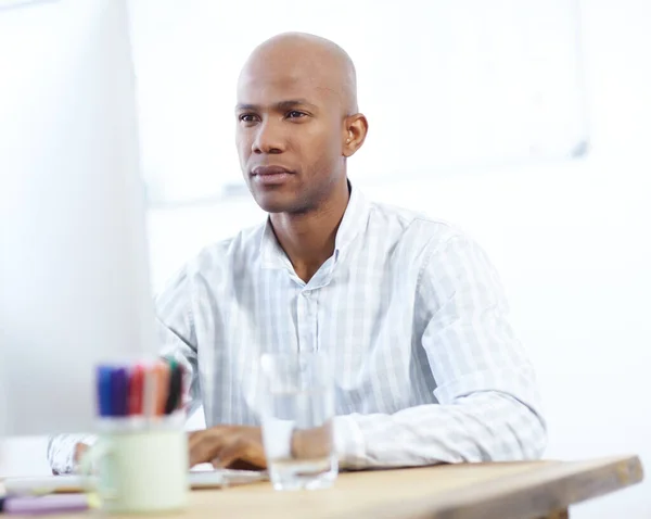 Serious Looking African American Designer Work Desktop Computer Office — Stock fotografie