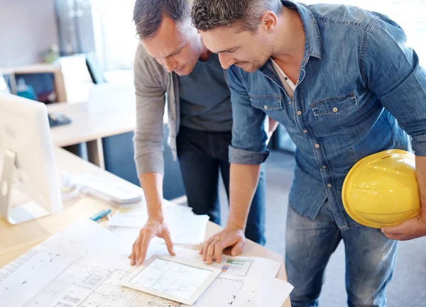 Two Architects Working Together Blueprint Help Digital Tablet — Stockfoto
