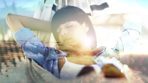 Video Footage Young Woman Sleeping Hammock Superimposed Video Sky Clouds — Vídeo de Stock