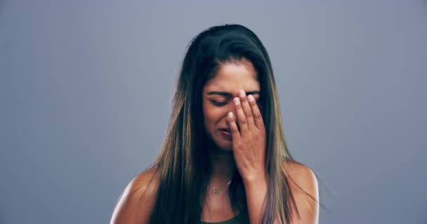 Video Footage Young Woman Crying Grey Background — Αρχείο Βίντεο