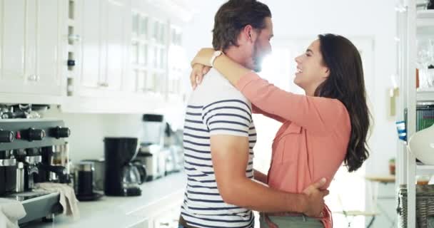 Video Footage Affectionate Young Couple Dancing Together Kitchen Home — Stockvideo