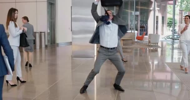 Video Footage Businessman Dancing Lobby Work — Video