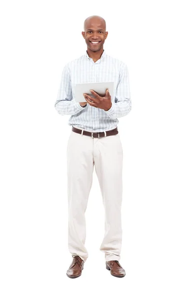 Full Length Studio Protrait Young African American Man Using Digital — Φωτογραφία Αρχείου