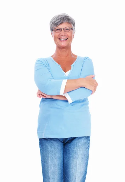 Happy Mature Woman Smiling White Background Hands Folded — Stock Photo, Image