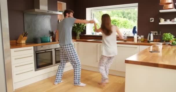 Happy Couple Dancing Cheerfully Together Kitchen — Stock video