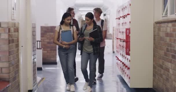 Video Footage Group Teenagers Walking Hall Using Smartphone High School — Vídeo de Stock