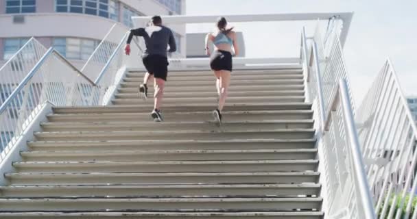 Video Footage Two Unrecognizable Athletes Racing Each Other Flight Stairs — Stockvideo