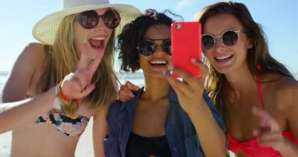 Nagranie Wideo Różnorodnej Grupy Przyjaciół Stojących Razem Plaży Robiących Selfie — Wideo stockowe