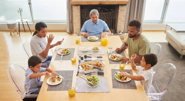 Overhead View Mixed Race Family Sitting Table Having Lunch Lounge — Stock Photo, Image