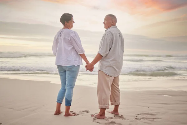 Rearview Affectionate Mature Mixed Race Couple Standing Hand Hand Beach — 图库照片