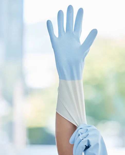 Unrecognizable Domestic Worker Putting Rubber Gloves Work One Unknown Mixed — Stockfoto