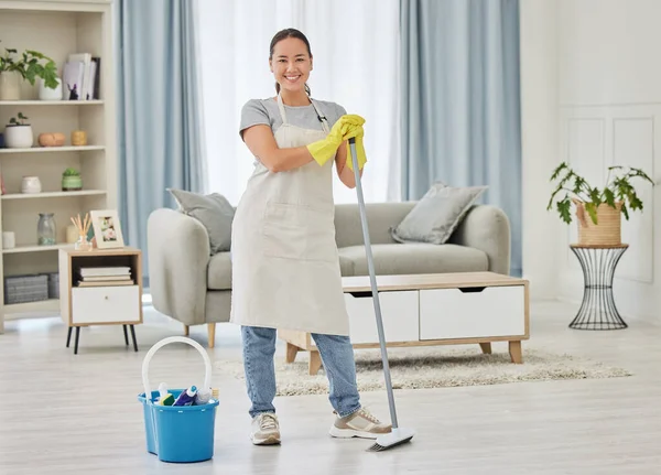 Happy Smiling Mixed Race Woman Cleaning Floor Her Apartment One —  Fotos de Stock