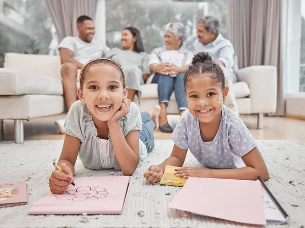 Two Cute Mixed Race Sibling Sisters Drawing Colouring Living Room — Stockfoto