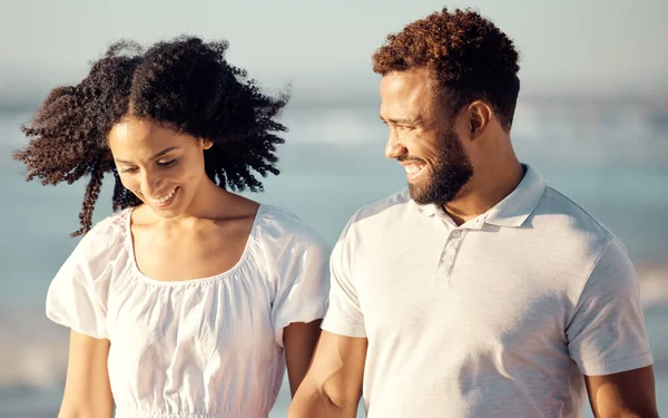 Happy Mixed Race Young Couple Holding Hands While Walking Beach — Photo