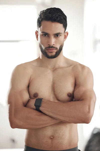Portrait One Fit Young Topless Hispanic Man Big Strong Muscles — Φωτογραφία Αρχείου