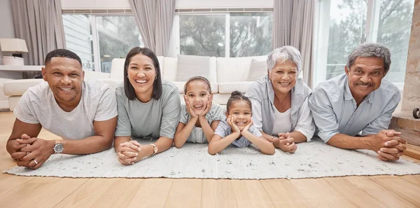 Happy Affectionate Young Mixed Race Family Six Lying Living Room — Fotografia de Stock