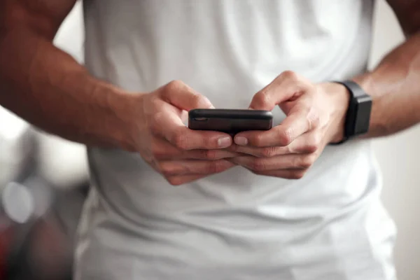 Closeup One Fit Mixed Race Man Using Cellphone While Taking — Stock Fotó