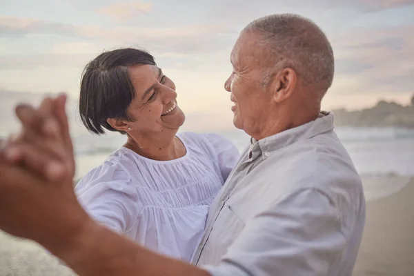 Affectionate Mature Mixed Race Couple Sharing Intimate Moment Dancing Beach — Stockfoto