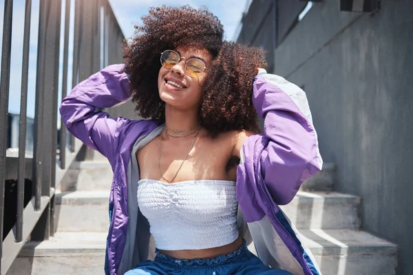 Young Happy Carefree Mixed Race Woman Curly Afro Wearing Glasses — Foto Stock