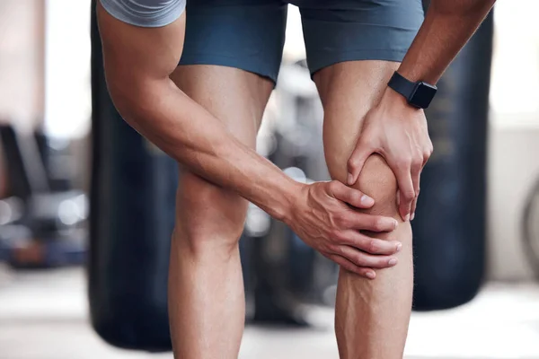 Closeup One Mixed Race Man Holding His Sore Knee While — Stockfoto