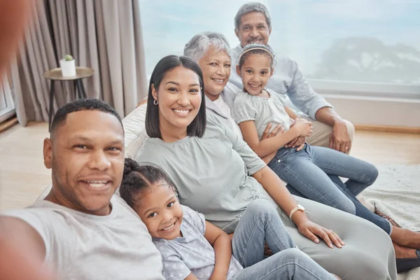 Happy Affectionate Young Mixed Race Family Six Taking Selfie Home — Fotografia de Stock