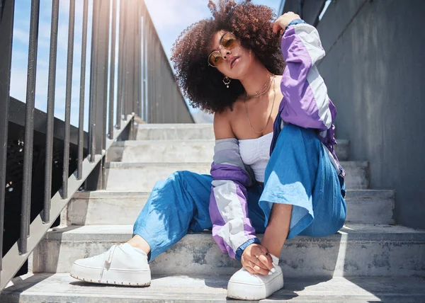 Young Trendy Mixed Race Woman Curly Afro Wearing Glasses Enjoying — Stockfoto