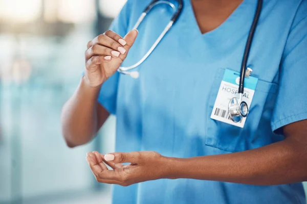Closeup Hands African American Woman Nurse Standing Holding Copyspace Hospital — 스톡 사진