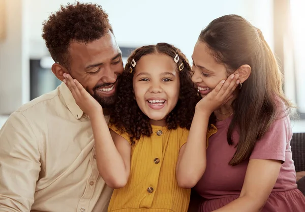 Mixed Race Parents Enjoying Weekend Daughter Home Living Room Smiling — Stock fotografie
