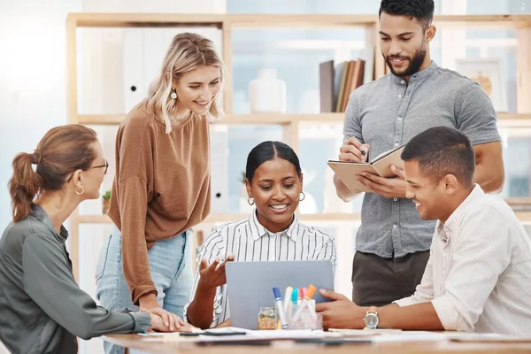 Group Happy Diverse Colleagues Brainstorming Together Laptop Office Boardroom Mixed — Φωτογραφία Αρχείου