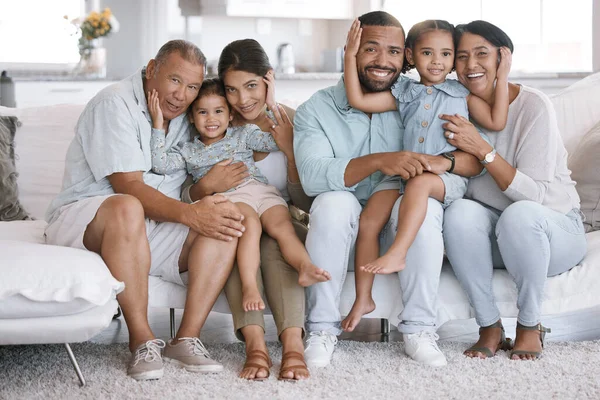 Happy Content Hispanic Family Smiling While Relaxing Sitting Couch Together — Stock Photo, Image