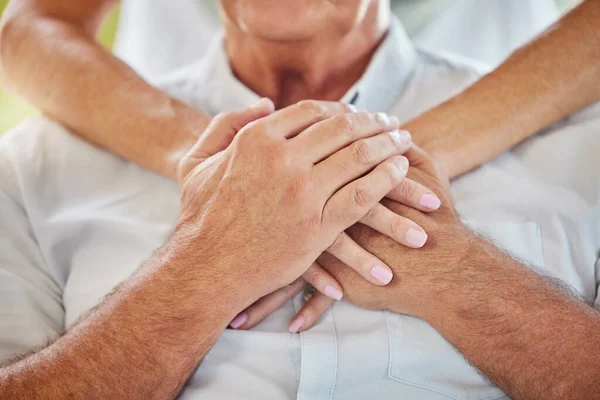 Closeup Doctor Holding Hands Patients Chest Showing Support Recovery Unrecognizable — 스톡 사진