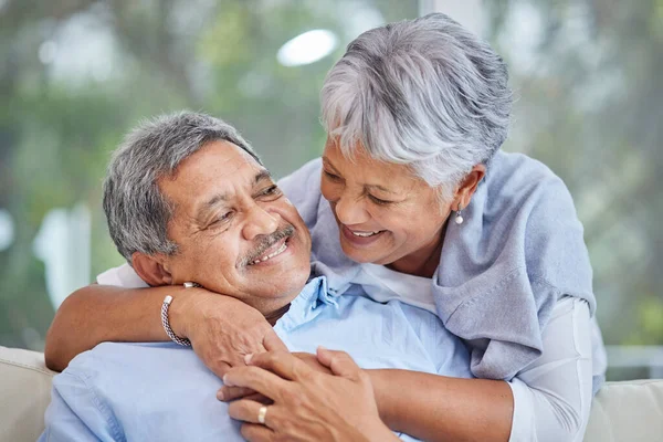 Closeup Affectionate Mixed Race Senior Couple Relaxing Living Room Home — Stock Photo, Image