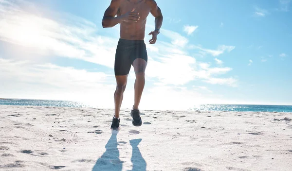 Fit Young Black Man Running Jogging Beach Morning While Exercising — Stockfoto