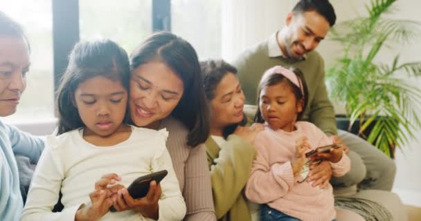 Happy Family Using Phones Browse Online Watch Videos While Relaxing — Vídeos de Stock
