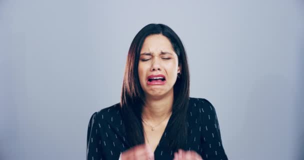 Video Footage Young Woman Crying Grey Background — Vídeos de Stock
