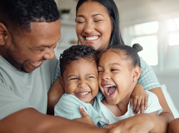 Happy Funny Mixed Race Family Two Children Wearing Pyjamas Sitting — ストック写真