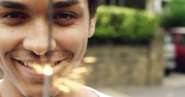 Video Footage Handsome Young Man Standing Alone City Playing Sparklers — 图库视频影像