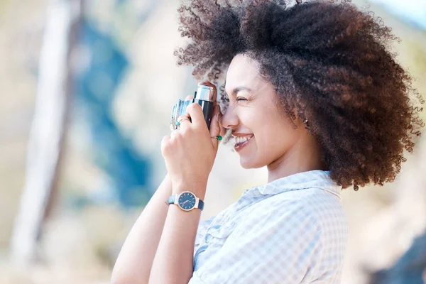 One Young Smiling Mixed Race Woman Afro Holding Using Camera — Foto Stock