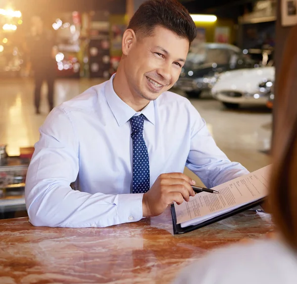 Handsome Mature Male Car Salesman Talking Customer His Office Car — Fotografia de Stock