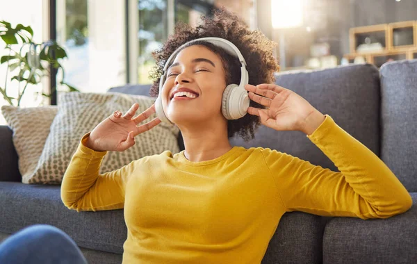 Young Joyful Mixed Race Woman Wearing Headphones Listening Music Home — Fotografia de Stock