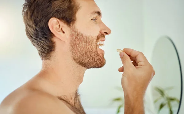 One Handsome Man Taking Tablet Bathroom Home Caucasian Male Taking — Stock fotografie