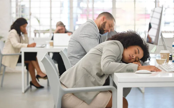 Two Young Mixed Race Call Center Agents Sleeping Desks While — Foto de Stock